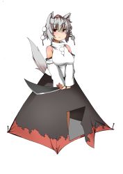 Rule 34 | 1girl, :&gt;, animal ears, bare shoulders, blush, breasts, clothing cutout, commentary, detached sleeves, empty eyes, eyebrows, hat, inubashiri momiji, long skirt, medium breasts, naughty face, shaded face, shishi juuroku, short hair, shoulder cutout, silver hair, skirt, smile, smug, solo, sword, tail, tent, tent peg, thick eyebrows, tokin hat, touhou, weapon, what, wolf ears, wolf tail