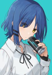 Rule 34 | 1girl, black ribbon, blue background, blue hair, bocchi the rock!, brand name imitation, breasts, can, collared shirt, commentary, expressionless, eyes visible through hair, hair ornament, hairclip, highres, holding, holding can, kanaria hisagi, looking at viewer, mole, mole under eye, monster energy, parted bangs, ribbon, shirt, short hair, sidelocks, simple background, small breasts, solo, upper body, white shirt, yamada ryo, yellow eyes