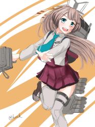 Rule 34 | 1girl, adapted turret, blazer, blue necktie, brown hair, commentary request, grey eyes, grey thighhighs, hair ribbon, jacket, kantai collection, kazagumo (kancolle), kazagumo kai ni (kancolle), knck, long hair, machinery, necktie, one-hour drawing challenge, ponytail, ribbon, smile, solo, thighhighs, torpedo launcher, two-tone background, upper body