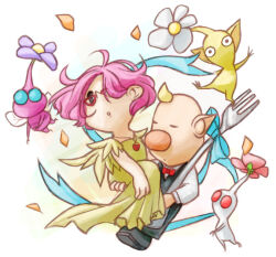 Rule 34 | 1boy, 1girl, :o, alien, alternate costume, big nose, black eyes, black footwear, black pants, black vest, blonde hair, blue bow, blue eyes, bow, bowtie, brittany (pikmin), carrying, chin, closed eyes, colored skin, commentary request, confetti, dress, flower, fork, glasses, hair over one eye, holding, holding fork, insect wings, jewelry, layered sleeves, long dress, long sleeves, looking ahead, louie (pikmin), naru (wish field), necklace, nintendo, no mouth, open mouth, outstretched arms, oversized object, pants, pikmin (creature), pikmin (series), pink flower, pink hair, pink skin, pleated dress, pointy ears, pointy nose, princess carry, purple flower, red-framed eyewear, red bow, red bowtie, red eyes, shirt, shoes, short hair, short sleeves, solid circle eyes, solid oval eyes, strawberry necklace, triangular eyewear, v-neck, very short hair, vest, white background, white flower, white pikmin, white shirt, white skin, winged pikmin, wings, yellow dress, yellow pikmin, yellow skin