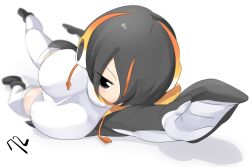 Rule 34 | 1girl, black footwear, black hair, black jacket, blush, boots, breasts, brown eyes, closed mouth, commentary request, emperor penguin (kemono friends), full body, hair between eyes, hair over one eye, headphones, jacket, kemono friends, large breasts, lets0020, long bangs, looking at viewer, lying, multicolored hair, numbered, on side, one-piece swimsuit, open clothes, open jacket, orange hair, reaching, reaching towards viewer, short hair, simple background, solo, streaked hair, swimsuit, thighhighs, v-shaped eyebrows, white background, white one-piece swimsuit, white thighhighs