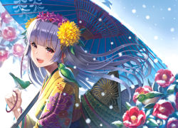 Rule 34 | 1girl, :d, animal, animal on shoulder, bird, bird on hand, bird on shoulder, blunt bangs, blush, breasts, camellia, chrysanthemum print, closed mouth, eyelashes, floating hair, floral print, flower, from side, hair flower, hair ornament, japanese clothes, kimono, looking at viewer, mado*pen, obi, oil-paper umbrella, open mouth, original, peony print, purple eyes, purple flower, red flower, sash, shippou (pattern), sidelocks, silver hair, small breasts, smile, snow, snowing, solo, teeth, thread, umbrella, upper body, yellow flower, yellow kimono