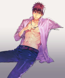 Rule 34 | 1boy, abs, belt, belt buckle, blue pants, buckle, closed mouth, collarbone, denim, expressionless, eyebrows, invisible chair, jeans, jewelry, kagami taiga, kuroko no basuke, looking at viewer, male focus, necklace, open clothes, open shirt, pants, pectorals, pink shirt, red eyes, red hair, shirt, short hair, sitting, solo, toned, toned male, torisu