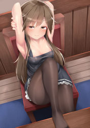 Rule 34 | 1girl, arashio (kancolle), armpits, arms behind back, bad id, bad pixiv id, black pantyhose, breasts, brown eyes, brown hair, brown pantyhose, carpet, chair, collarbone, desk, dress, frilled dress, frills, from above, hair between eyes, indoors, kantai collection, long hair, looking at viewer, looking up, ne an ito, no shirt, office, office chair, pantyhose, pinafore dress, school uniform, sitting, sleeveless, sleeveless dress, small breasts, smile, swivel chair, table