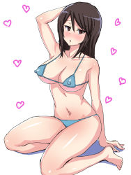 Rule 34 | 1girl, arm behind head, arm support, bikini, blush, breasts, brown eyes, brown hair, covered erect nipples, girls und panzer, heart, highres, large breasts, long hair, looking at viewer, mika (girls und panzer), mordeth, navel, open mouth, sitting, solo, swimsuit, wariza, white background