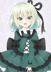 Rule 34 | 1girl, :d, bad id, bad pixiv id, black bow, black ribbon, blush, bow, commentary, dress, green dress, green eyes, green hair, hair between eyes, hair ribbon, hand up, head tilt, himetsuki luna, juliet sleeves, long hair, long sleeves, looking at viewer, open mouth, puffy sleeves, ribbon, smile, soga no tojiko, solo, touhou, white bow