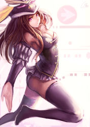 Rule 34 | 10s, 1girl, animal hat, ass, bare shoulders, black thighhighs, blonde hair, boots, breasts, brown hair, cleavage, detached sleeves, evan yang, female focus, gradient background, hat, large breasts, leg up, long hair, mawaru penguindrum, pink eyes, princess of the crystal, solo, takakura himari, thigh boots, thighhighs, white background