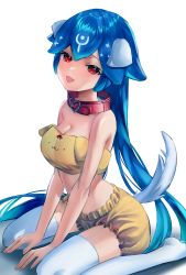 Rule 34 | 1girl, animal ears, bao (vtuber), blue hair, breasts, cleavage, collar, dog ears, dog girl, dog tail, highres, indie virtual youtuber, long hair, looking at viewer, medium breasts, red collar, red eyes, sitting, smile, solo, strapless, tail, thighhighs, tube top, very long hair, virtual youtuber, wariza, white background, white thighhighs, yashu (shubewbz)