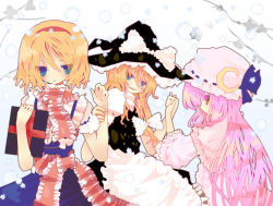 Rule 34 | 3girls, alice margatroid, apron, artist request, blonde hair, blue eyes, book, bow, branch, brown eyes, crescent moon, dress, female focus, hair bow, hairband, holding hands, hat, kirisame marisa, leaf, long hair, moon, multiple girls, open mouth, patchouli knowledge, perfect cherry blossom, pink hair, profile, ribbon, short hair, short sleeves, smirk, snow, suspenders, touhou, wide sleeves, witch, witch hat