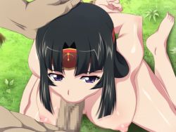 Rule 34 | 1girl, animated, animated gif, arms behind back, barefoot, black hair, blunt bangs, bouncing breasts, breasts, censored, feet, fellatio, from above, grass, hand on another&#039;s head, kinako no yama, large breasts, legs, long hair, mosaic censoring, nipples, nude, oral, outdoors, penis, pov, purple eyes, queen&#039;s blade, sidelocks, sitting, solo focus, standing, thighs, toes, tomoe (queen&#039;s blade)