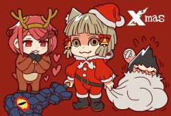 Rule 34 | 1boy, 2girls, animal ears, armor, cat ears, chibi, christmas, club (weapon), gloves, hat, looking at viewer, ma2acworks, malos (xenoblade), multiple girls, nia (xenoblade), nintendo, open mouth, pyra (xenoblade), red hair, santa costume, short hair, simple background, smile, spoilers, super smash bros., white hair, xenoblade chronicles (series), xenoblade chronicles 2, yellow eyes