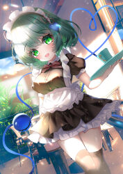 Rule 34 | 1girl, :d, absurdres, apron, black thighhighs, breasts, chair, cup, dfra, dutch angle, fang, green eyes, green hair, heart, heart-shaped pupils, heart of string, highres, holding, holding tray, komeiji koishi, looking at viewer, maid, maid headdress, medium breasts, open mouth, outdoors, short hair, skin fang, smile, solo, symbol-shaped pupils, table, teacup, thighhighs, third eye, touhou, tray, waist apron, white apron, zettai ryouiki