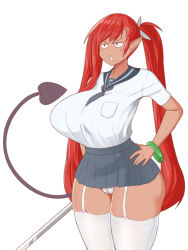 Rule 34 | 1girl, angry, between breasts, bow, bracelet, breasts, cameltoe, gaikiken, hair bow, hand on own hip, holding, holding weapon, huge breasts, jewelry, long hair, necktie, necktie between breasts, original, panties, parted lips, pointy ears, red hair, simple background, skirt, solo, standing, sword, tail, thick thighs, thighhighs, thighs, twintails, underwear, weapon, white background, white panties, wide hips, zettai ryouiki