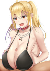 Rule 34 | 1boy, 1girl, ahoge, bikini, bikini under clothes, black bikini, blonde hair, borrowed character, breasts, breasts squeezed together, censored, choker, cleavage, cum, ejaculation, fang, gyaru, hair ornament, hairclip, heart, heart hair ornament, hetero, highres, huge breasts, jewelry, large breasts, minato81345, mosaic censoring, multicolored hair, necklace, o-ring, o-ring bikini, open mouth, original, paizuri, penis, pink hair, red choker, red eyes, saaya (kirome), simple background, smile, solo focus, strap gap, streaked hair, sweat, swimsuit, twintails, virtual youtuber, white background