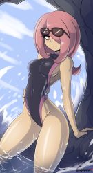 Rule 34 | 1girl, bigdead, breasts, glasses over hair, hair over one eye, half-closed eyes, highres, little witch academia, pink hair, solo, sucy manbavaran, swimsuit
