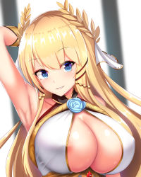 Rule 34 | 1girl, areola slip, arm behind head, armpits, azur lane, bare shoulders, blonde hair, blue eyes, blurry, blurry background, breasts, cleavage, commentary request, covered erect nipples, dress, eyelashes, flower ornament, hair ornament, hand up, highres, large breasts, laurel crown, long hair, looking at viewer, nekoda (maoda), parted lips, ribbon, sleeveless, sleeveless dress, smile, solo, upper body, veil, victorious (azur lane), wrist ribbon