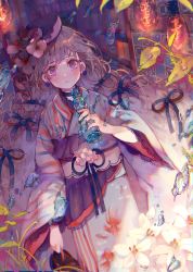 Rule 34 | 1girl, black hat, blue ribbon, blush, bottle, cha goma, commentary request, grey hair, hair ribbon, hat, highres, holding, holding bottle, japanese clothes, kimono, leaf, long hair, long sleeves, looking at viewer, obi, original, parted lips, purple eyes, ramune, ribbon, sash, solo, very long hair, water drop, white kimono, wide sleeves