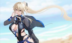 Rule 34 | 1girl, :d, alternate costume, beach, bianca (punishing: gray raven), black one-piece swimsuit, blonde hair, blush, breasts, cleavage, elbow gloves, floating hair, gloves, groin, hair ribbon, highres, holding, holding own hair, jacket, large breasts, long hair, looking at viewer, one-piece swimsuit, open mouth, outdoors, partially unzipped, punishing: gray raven, ribbon, sidelocks, single elbow glove, smile, solo, strap, swimsuit, wind, wristband, xiujia yihuizi