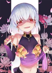 Rule 34 | 1girl, armor, bare shoulders, bikini armor, clothes lift, commentary, detached sleeves, earrings, evil smile, fate/grand order, fate (series), floral background, flower, hair ribbon, jewelry, kama (fate), kama (first ascension) (fate), kiomota, lifted by self, long sleeves, lotus, midriff, navel, open mouth, petals, pink ribbon, purple sleeves, red eyes, ribbon, shaded face, shirt lift, silver hair, smile, solo, upper body