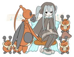 Rule 34 | 1girl, arm support, beamed eighth notes, black eyes, blue hair, blue wings, brown cape, brown dress, brown headwear, brown necktie, bug miku (project voltage), butterfly wings, cape, commentary request, creatures (company), dress, eighth note, eyeshadow, fake wings, full body, game freak, gen 4 pokemon, grey eyeshadow, hair between eyes, hair through headwear, hands on own cheeks, hands on own face, hands up, hatsune miku, head rest, insect wings, korean commentary, kricketot, kricketune, long hair, long sleeves, makeup, mushroom, musical note, necktie, nintendo, open mouth, pokemon, pokemon (creature), project voltage, quarter note, shoes, sitting, smile, solo, staff (music), twintails, very long hair, vocaloid, white background, wings, yomang (yomang-2020)
