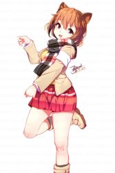 Rule 34 | 1girl, animal ears, boots, breasts, brown hair, dated, ejami, highres, looking at viewer, open mouth, original, sample watermark, scarf, short hair, signature, simple background, skirt, smile, solo, watermark, white background