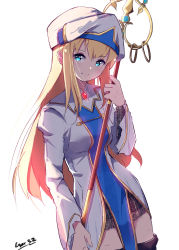 Rule 34 | 10s, 1girl, absurdres, armor, artist name, blonde hair, blue eyes, chainmail, gar32, goblin slayer!, hat, highres, long hair, priestess, priestess (goblin slayer!), sidelocks, sketch, smile, solo, standing, thighhighs, thighs, white background