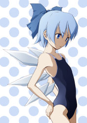 Rule 34 | 1girl, arched back, bare shoulders, blue eyes, blue hair, bow, cirno, competition swimsuit, flat chest, hair bow, hands on own hips, marotang, matching hair/eyes, one-piece swimsuit, polka dot, polka dot background, serious, short hair, solo, swimsuit, touhou, wings