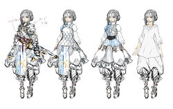 Rule 34 | 1girl, absurdres, armor, blue shirt, breasts, clenched hand, double bun, grey eyes, grey hair, hair bun, highres, laeticia aucerius, long shirt, armored boots, metal gloves, official art, open hands, production art, scale armor, sheath, sheathed, shirt, sketch, small breasts, star ocean, star ocean the divine force, sword, two-tone shirt, v-shaped eyebrows, variations, weapon, white background, white shirt, yasuda akira