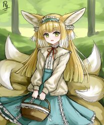 Rule 34 | 1girl, :d, absurdres, animal ear fluff, animal ears, arknights, basket, blonde hair, blue skirt, blush, commentary, english commentary, fox ears, fox girl, fox tail, green eyes, high-waist skirt, highres, holding, holding basket, jacket, kitsune, long hair, long sleeves, looking at viewer, multicolored hair, neck ribbon, open clothes, open jacket, open mouth, puffy long sleeves, puffy sleeves, red ribbon, ribbon, rylaera, shirt, signature, skirt, smile, solo, suzuran (arknights), suzuran (spring praise) (arknights), tail, two-tone hair, very long hair, white hair, white jacket, white shirt