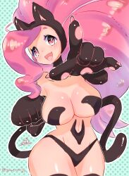 Rule 34 | 1girl, :d, animal ears, animal hands, aqua background, big hair, black fur, body fur, breasts, cat ears, cat girl, cat paws, cat tail, cowboy shot, fang, felicia (vampire), highres, large breasts, official alternate color, open mouth, pink eyes, pink hair, pointing, signature, skin fang, smile, solo, tail, twitter username, vampire (game), y.o (chuchu)