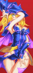 Rule 34 | 1girl, areola slip, arm up, armpits, blonde hair, blush, blush stickers, dark magician girl, duel monster, gluteal fold, green eyes, helmet, highres, labombardier!, long hair, looking at viewer, red background, simple background, solo, staff, thigh gap, yu-gi-oh!, yu-gi-oh! duel monsters