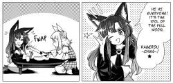 Rule 34 | &gt; &lt;, 2girls, 2koma, \m/, animal ears, armor, brooch, comic, dotted background, english text, frilled sleeves, frills, greyscale, hair between eyes, hair bun, hitting, imaizumi kagerou, jewelry, joutouguu mayumi, long hair, looking at viewer, monochrome, multiple girls, one eye closed, open mouth, parody, puffy short sleeves, puffy sleeves, seiza, short hair, short sleeves, single hair bun, sitting, smile, speech bubble, tail, touhou, wide sleeves, wolf ears, wolf tail, wool (miwol)