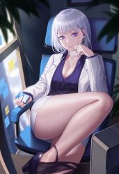 Rule 34 | 1girl, 3v ju, absurdres, bandaged neck, bandages, bare legs, black panties, breasts, chair, cleavage, closed mouth, collarbone, earpiece, feet out of frame, formal, girls&#039; frontline, hand on own cheek, hand on own face, high heels, highres, holding, jacket, legs, looking at viewer, medium breasts, office, office chair, office lady, official alternate costume, official style, open clothes, open jacket, panties, panty pull, parted lips, purple eyes, purple footwear, purple shirt, rpk-16 (girls&#039; frontline), rpk-16 (renate) (girls&#039; frontline), shirt, short hair, sitting, skirt, smile, solo, suit, swivel chair, thighs, underwear, white hair, white jacket, white skirt
