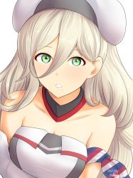 Rule 34 | 1girl, absurdres, alternate eye color, arm scarf, bad id, bad pixiv id, beret, blonde hair, breasts, dangan kurabu, detached collar, dress, green eyes, hair between eyes, hat, highres, kantai collection, long hair, medium breasts, mole, mole under eye, mole under mouth, multicolored clothes, multicolored scarf, pom pom (clothes), richelieu (kancolle), scarf, solo, strapless, strapless dress, two-tone dress, upper body