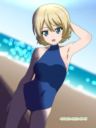 Rule 34 | 1girl, arm behind back, arm behind head, arm up, armpits, artist name, beach, blonde hair, blue eyes, blue one-piece swimsuit, blue sky, blurry, blurry background, braid, clear sky, commentary, covered navel, cowboy shot, darjeeling (girls und panzer), dated, day, depth of field, dutch angle, girls und panzer, highres, horizon, lens flare, looking at viewer, naotosi, ocean, one-piece swimsuit, open mouth, outdoors, school swimsuit, short hair, sky, smile, solo, standing, swimsuit, twin braids