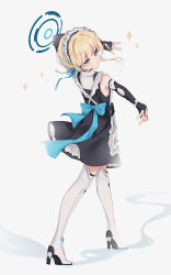 Rule 34 | 1girl, back bow, black dress, blonde hair, blue archive, blue eyes, boots, bow, dress, elbow gloves, fingerless gloves, from behind, gloves, halo, headset, high heel boots, high heels, highres, ichita (yixisama-shihaohaizhi), looking at viewer, maid, maid headdress, short dress, simple background, solo, sparkle, thigh boots, toki (blue archive)
