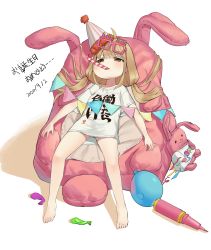 Rule 34 | 1girl, absurdres, air pump, balloon, barefoot, bed, bike shorts, brown eyes, commentary request, confetti, futaba anzu, highres, idolmaster, idolmaster cinderella girls, long hair, low twintails, lying, party horn, shirt, simple background, solo, string of flags, striped bike shorts, striped clothes, stuffed animal, stuffed rabbit, stuffed toy, t-shirt, twintails, white background, xi xeong, you work you lose