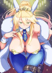 Rule 34 | 1girl, animal ears, artoria pendragon (all), artoria pendragon (fate), artoria pendragon (swimsuit ruler) (fate), bare shoulders, blonde hair, blue pantyhose, breasts, crown, fake animal ears, fate/grand order, fate (series), feather boa, fishnet pantyhose, fishnets, green eyes, hair between eyes, hand on own hip, hanging breasts, holster, kikunosukemaru, leaning forward, leotard, looking at viewer, navel, necktie, pantyhose, playboy bunny, poker chip, ponytail, rabbit ears, smile, solo, sparkle, thigh holster