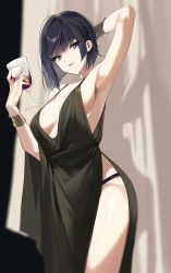 Rule 34 | 1girl, arm behind head, arm up, asymmetrical hair, bare arms, black dress, black panties, blue hair, blunt bangs, bob cut, bracelet, breasts, buri (retty9349), cocktail dress, cowboy shot, cup, dark blue hair, diagonal bangs, dress, drink, drinking glass, genshin impact, green eyes, highres, holding, holding cup, holding drink, jewelry, looking at viewer, low neckline, mole, mole on breast, panties, parted lips, short hair, side slit, sideboob, smile, solo, spaghetti strap, standing, underwear, wine glass, yelan (genshin impact)