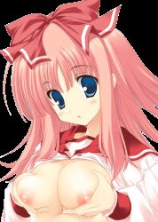 Rule 34 | 00s, 1girl, blue eyes, breasts, breasts squeezed together, dithering, grabbing, grabbing another&#039;s breast, kouno harumi, large breasts, milfa (to heart), nipples, pink hair, school uniform, serafuku, solo, to heart (series), to heart 2, transparent background, yoshiwo