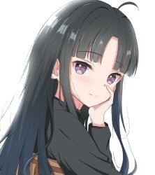 Rule 34 | 1girl, absurdres, ahoge, awa subaru, black hair, black shirt, blush, closed mouth, commentary, girls band cry, head rest, highres, liya (yosoro2016), long hair, long sleeves, looking at viewer, parted bangs, purple eyes, shirt, sidelocks, simple background, solo, upper body, white background