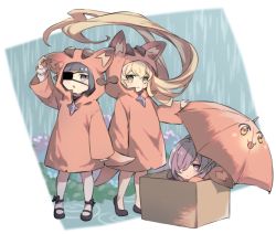 Rule 34 | 3girls, animal ears, black hair, blonde hair, blush, box, cardboard box, commentary request, eyepatch, fake animal ears, flower, granblue fantasy, hair over one eye, hydrangea, loafers, long hair, long sleeves, looking at viewer, lunalu (granblue fantasy), mary janes, melissabelle, miyashirorin, multiple girls, niyon (granblue fantasy), open mouth, purple hair, rain, raincoat, shoes, smile, standing, tail, umbrella, vyrn (granblue fantasy), very long hair