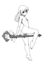 Rule 34 | 1girl, ass, barefoot, breasts, censored, cleft of venus, completely nude, from behind, full body, graphite (medium), greyscale, harumachi nagaaki, leg lift, looking back, monochrome, nipples, nude, original, plantar flexion, pointy ears, pussy, simple background, small breasts, solo, staff, standing, standing on one leg, straddling, traditional media, white background