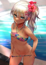 Rule 34 | 1girl, aqua eyes, bikini, bikini bottom pull, bikini pull, bikini tan, blurry, blurry background, blush, bow, cleft of venus, clothes pull, commentary request, depth of field, flat chest, flower, grecale (kancolle), grin, groin, hair between eyes, hair bow, hair flower, hair ornament, hibiscus, highres, jewelry, kantai collection, long hair, looking at viewer, multicolored bikini, multicolored clothes, nail polish, navel, necklace, pink bow, platinum blonde hair, ponytail, pool, pulling own clothes, pussy, pussy peek, rampage 2nd, red flower, side ponytail, sidelocks, smile, smug, solo, sparkle, swimsuit, tan, tanline, water, wet