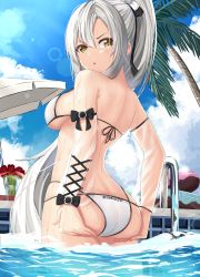 Rule 34 | 1girl, ass, ass grab, azur lane, bare shoulders, bikini, breasts, cloud, day, detached sleeves, drake (azur lane), drake (the golden hind&#039;s respite) (azur lane), from behind, halterneck, hands on own ass, highres, large breasts, lens flare, levy (comradlevy), long hair, long sleeves, looking at viewer, looking back, multi-strapped bikini, palm tree, parted lips, ponytail, pool, see-through, silver hair, sky, solo, standing, string bikini, sunlight, swimsuit, tree, v-shaped eyebrows, very long hair, wading, water, wet, white bikini, yellow eyes