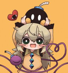 Rule 34 | black eyes, blush, blush stickers, bob-omb, bomb, bright pupils, buttons, creature, diamond (shape), diamond button, explosive, frilled shirt, frilled shirt collar, frilled sleeves, frills, green eyes, green hair, heart, highres, holding, holding bomb, holding creature, komeiji koishi, long hair, long sleeves, mario (series), nintendo, open mouth, shirt, short eyebrows, simple background, sleeves past wrists, smile, third eye, touhou, white eyes, white pupils, yellow background, yellow shirt, zunusama