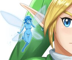 Rule 34 | &gt; &lt;, 1boy, 1girl, blonde hair, blue eyes, blue hair, blue skin, breasts, canadiananiguy, colored skin, earrings, fairy, fairy wings, floating, green hat, green tunic, hat, highres, jewelry, link, medium breasts, mini person, minigirl, navel, navi, nintendo, no nipples, nude, open mouth, personification, pointy ears, stomach, the legend of zelda, the legend of zelda: ocarina of time, thigh gap, wings