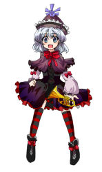 Rule 34 | 1girl, bad id, bad pixiv id, blue eyes, bow, bowtie, dress, female focus, full body, gothic lolita, hat, instrument, lolita fashion, mashiouji, merlin prismriver, short hair, silver hair, simple background, solo, striped clothes, striped thighhighs, thighhighs, touhou, trumpet, white background