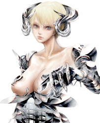 Rule 34 | 1girl, armor, blonde hair, blue eyes, breasts, cleavage, horns, large breasts, original, solo, tanupo