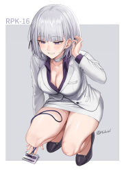 Rule 34 | adjusting hair, artist name, bandaged neck, bandages, bare legs, beruko14, blazer, blunt bangs, breasts, choker, cleavage, collared shirt, formal, full body, girls&#039; frontline, grey hair, hair ornament, high heels, highres, id card, jacket, large breasts, medium hair, office lady, open clothes, open mouth, open shirt, pencil skirt, picking up, purple eyes, purple shirt, rpk-16 (girls&#039; frontline), shirt, skirt, solo, squatting, suit, teeth, thighs, two-tone background, white background, white choker
